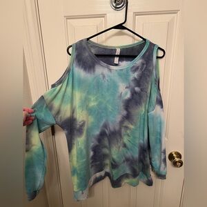 Honeyme Blue and Green Tie-Dye Cold Shoulder Sweatshirt